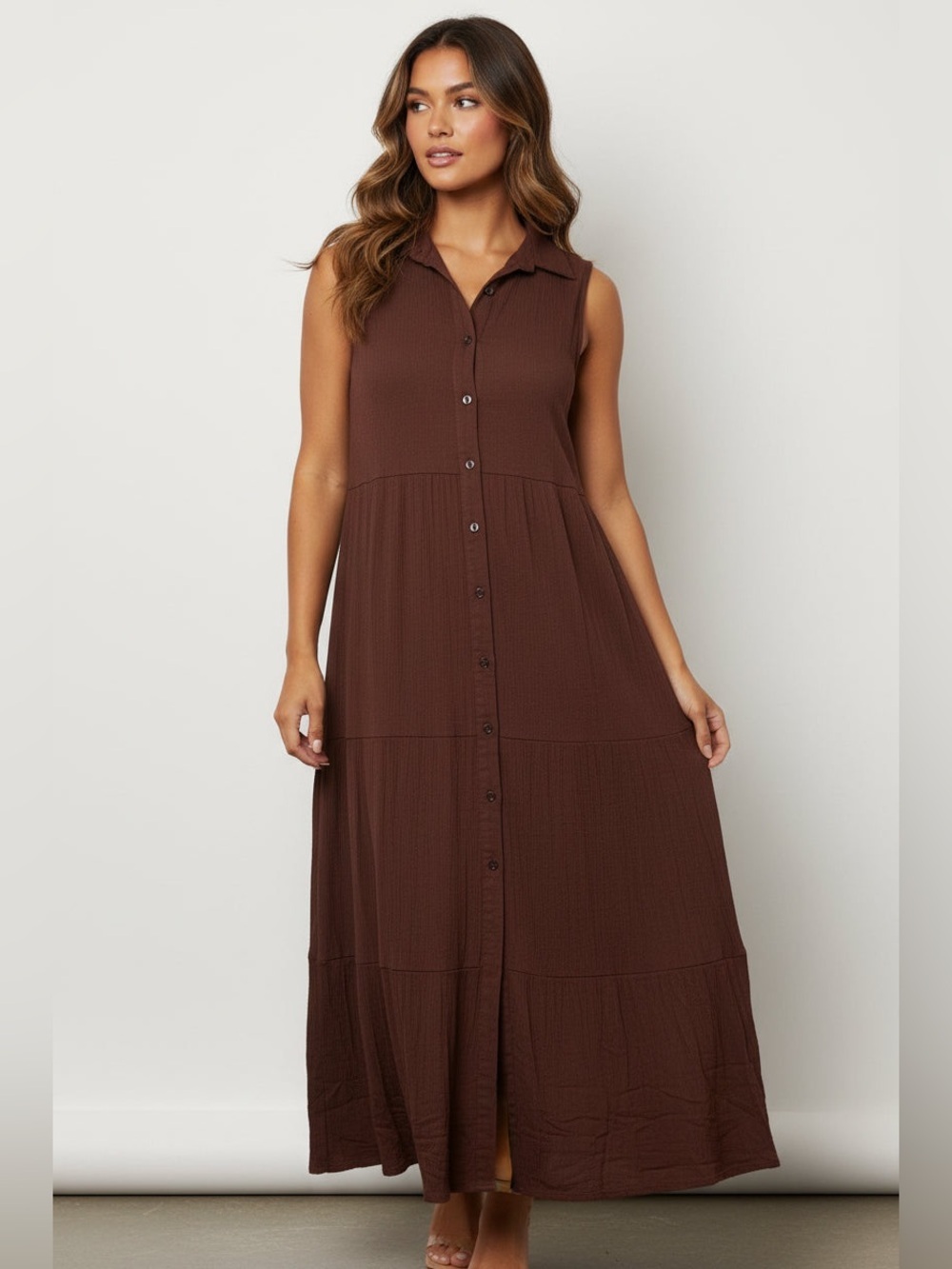 Sleeveless Button-Front Maxi Dress in Deep Brown